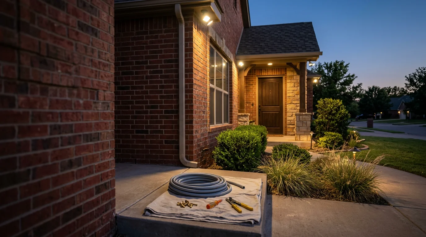 Professional outdoor lighting installation on Oklahoma City home exterior at dusk