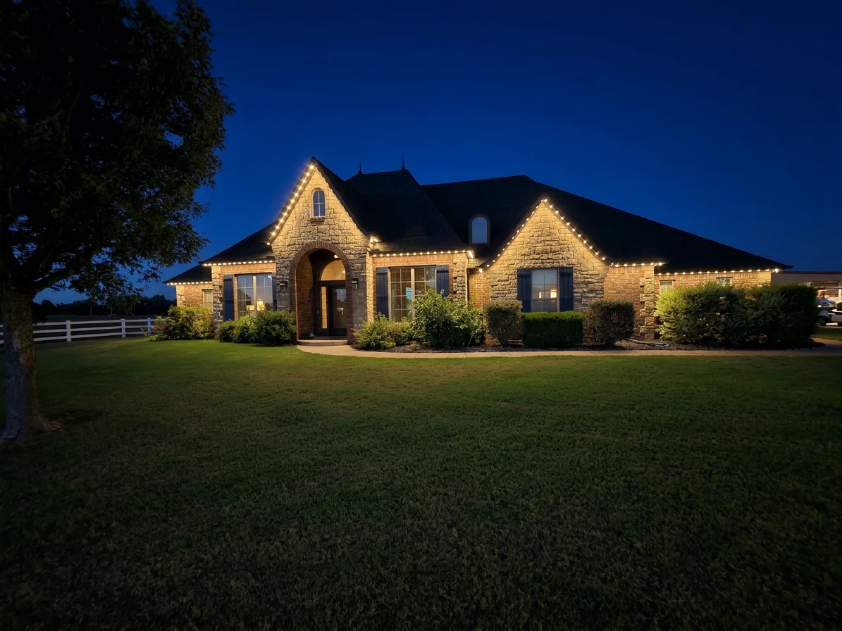 Stone home exterior with warm LED accent lighting along roofline and architectural features at dusk