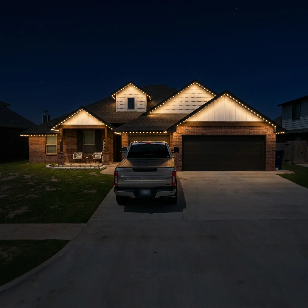 Warm LED soffit and fascia lighting on brick home with multiple roof peaks at dusk