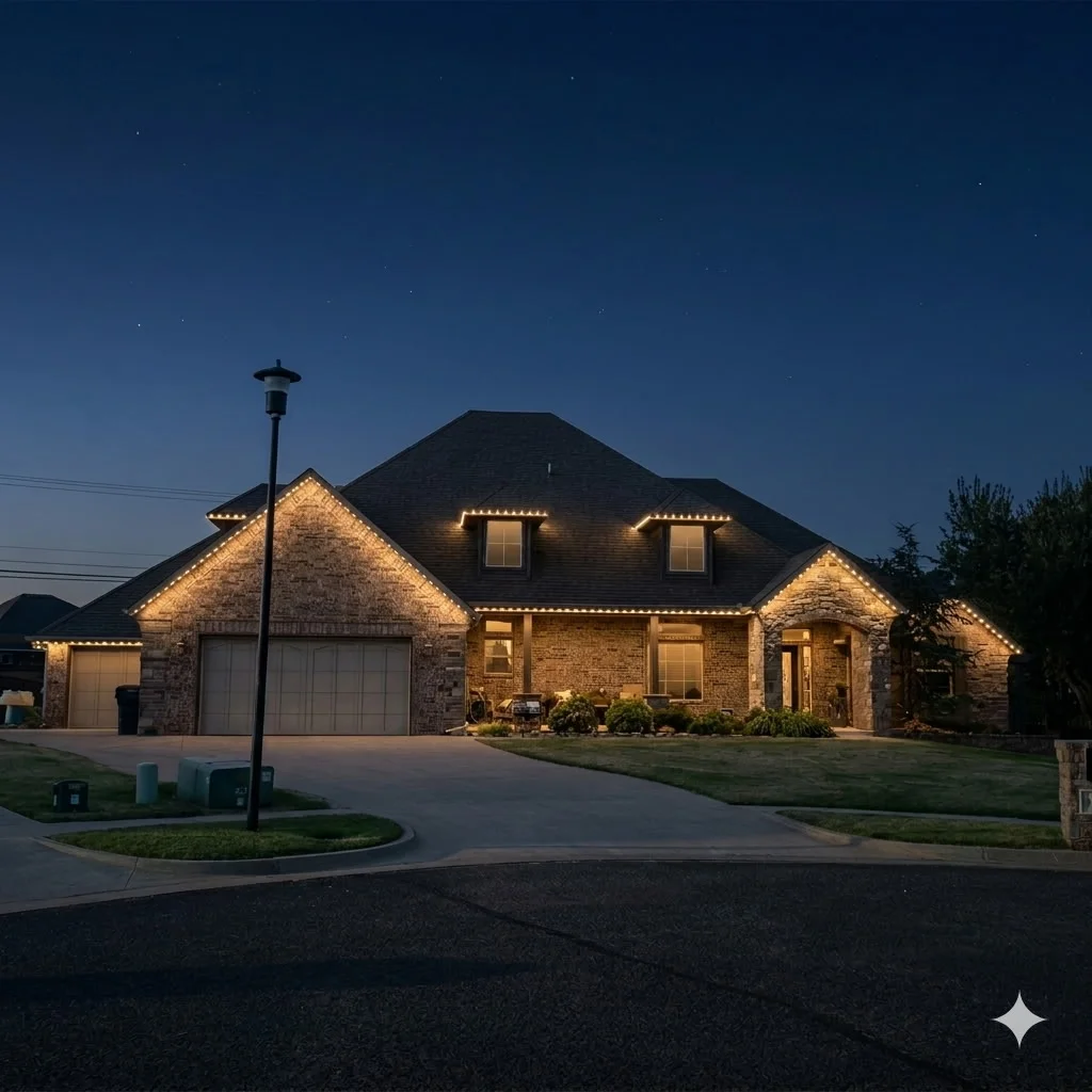 Brick home with warm LED accent lighting along roofline and dormers at dusk