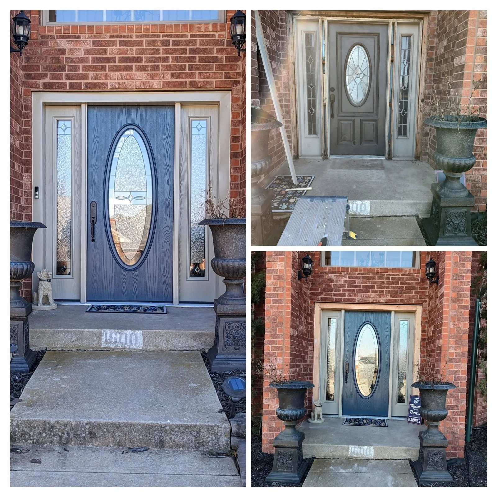 Blue entry door with oval glass insert and white-framed sidelites on brick home