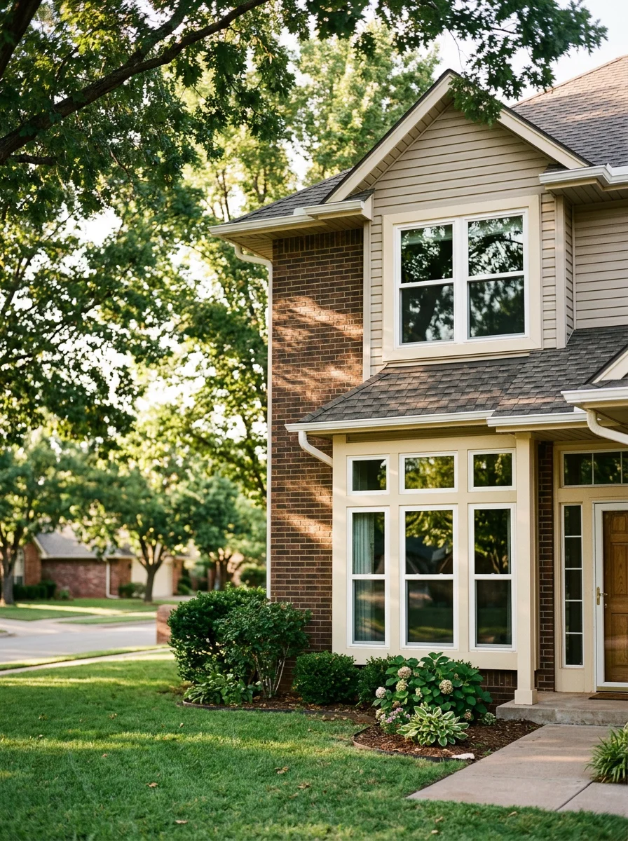 A 1990s Edmond suburban home with freshly installed replacement windows and new gutters, showing the roofline and exterior trim on a tree-lined residential street.