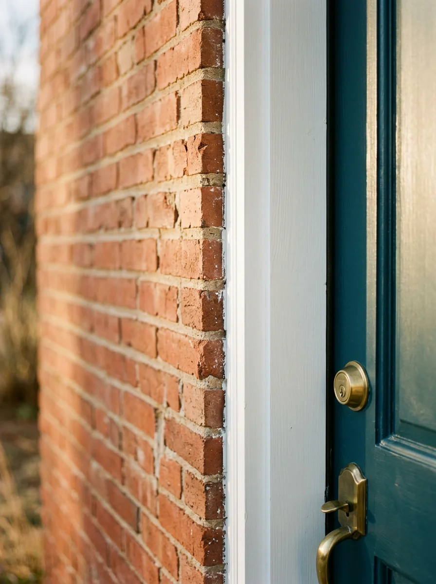 Close-up of a new exterior door installation on an older El Reno home, with fresh casing and weatherstripping visible against the original brick facade.