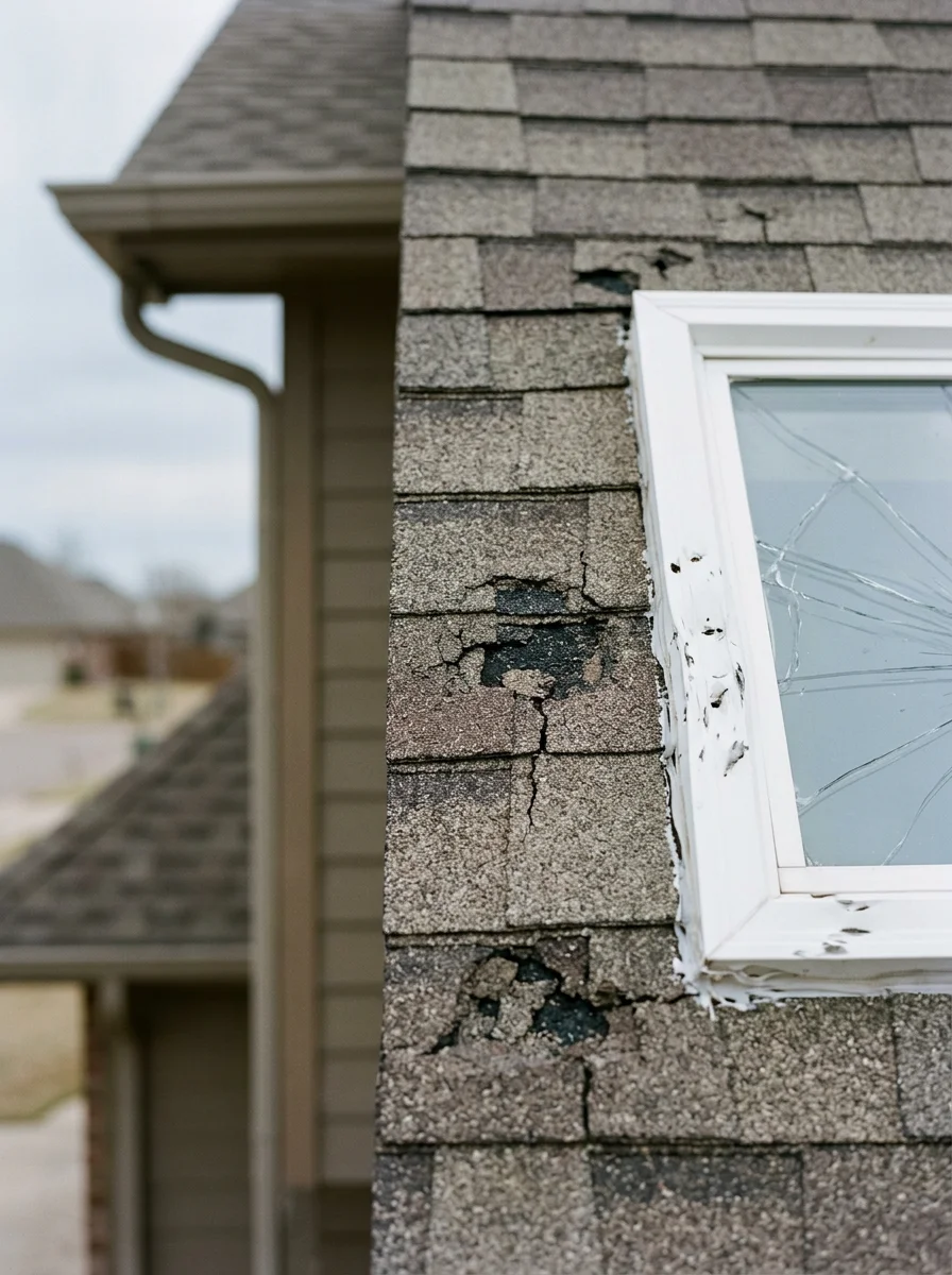 Close-up of hail damage on a roof and window in Kingfisher showing impact marks from severe spring thunderstorm
