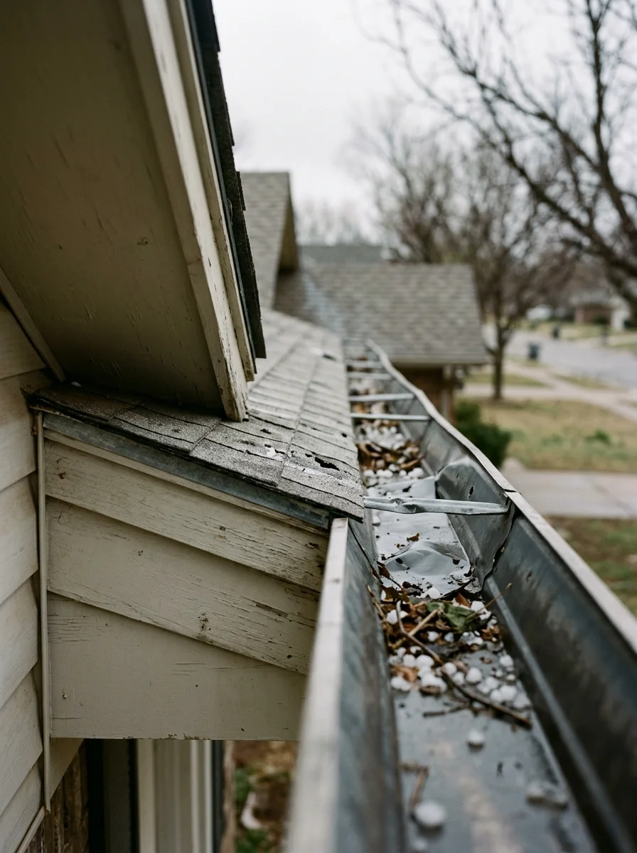 Hail damage on roof and gutter system during severe Oklahoma spring weather