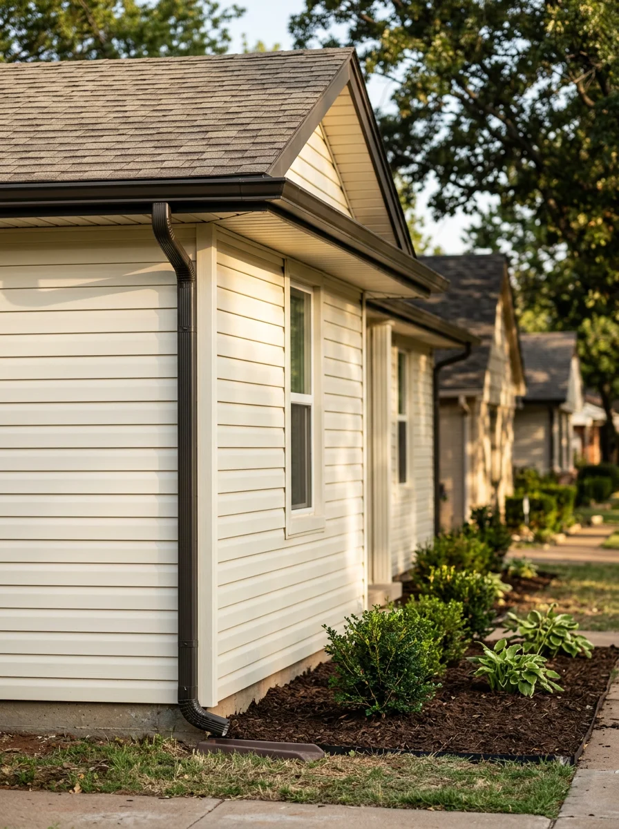 A northwest Oklahoma City suburban home with new vinyl siding installed after hail damage, with replacement gutters and downspouts visible along the roofline.