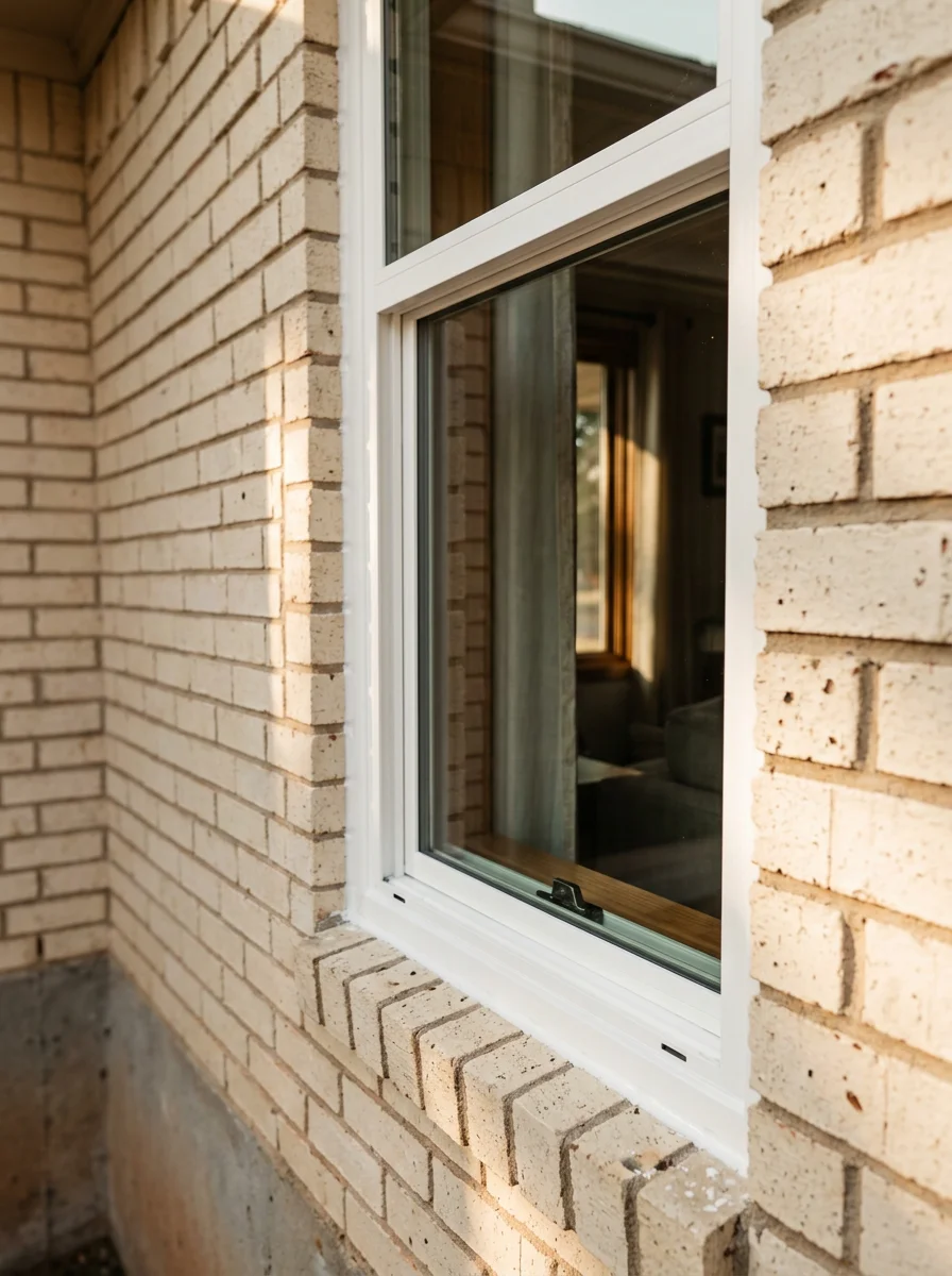 Close-up of a freshly installed replacement window on a 1980s-era Yukon home, with new exterior trim and caulking visible against the siding.