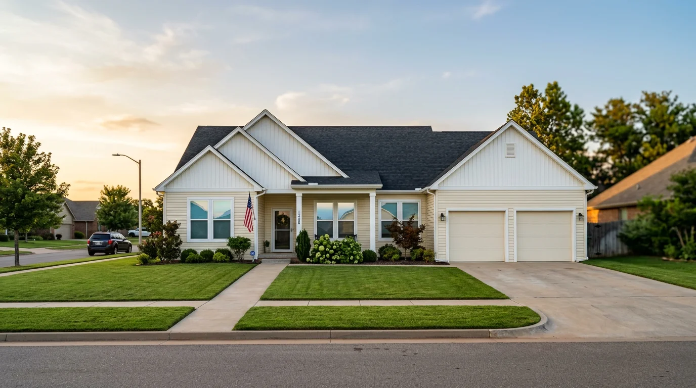 A Yukon, Oklahoma single-family home with new vinyl siding and replacement windows installed, showing a clean exterior on a suburban lot with a two-car garage.