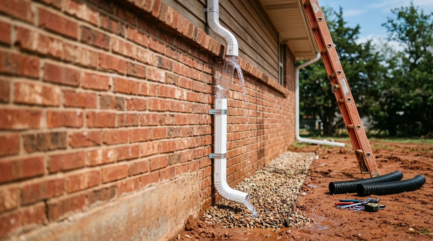 New downspout installation on an Oklahoma City Metro home, directing roof runoff away from the foundation and landscaping.
