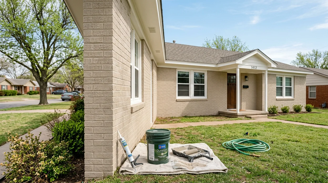 Freshly painted exterior of a single-family home in Yukon, Oklahoma, showing clean siding, trim, and fascia with an even finish. The home sits in a suburban neighborhood typical of the Yukon and Oklahoma City metro area.