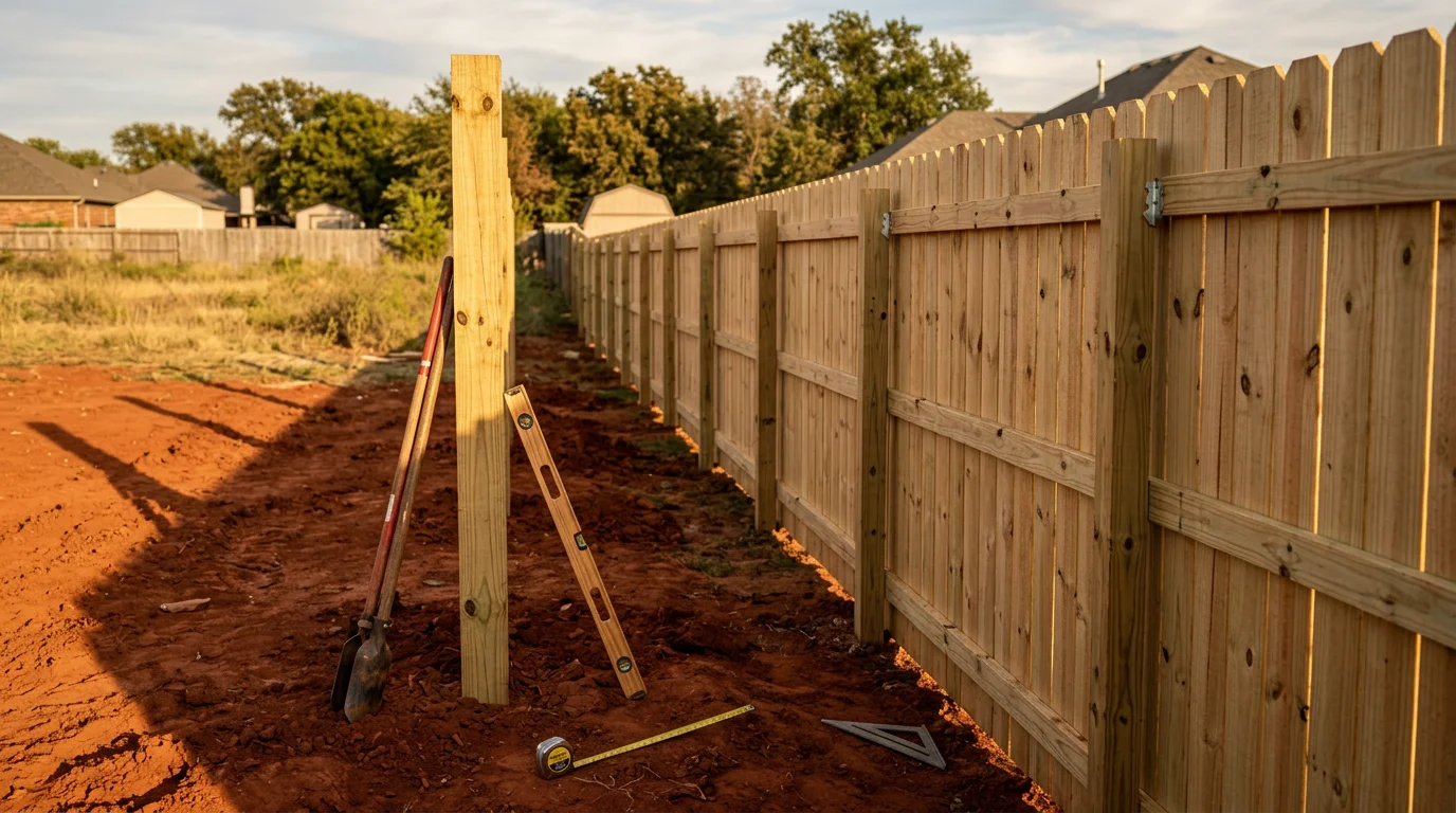 New fence installation completed on an Oklahoma City Metro property, showing clean posts and panels along the property line.