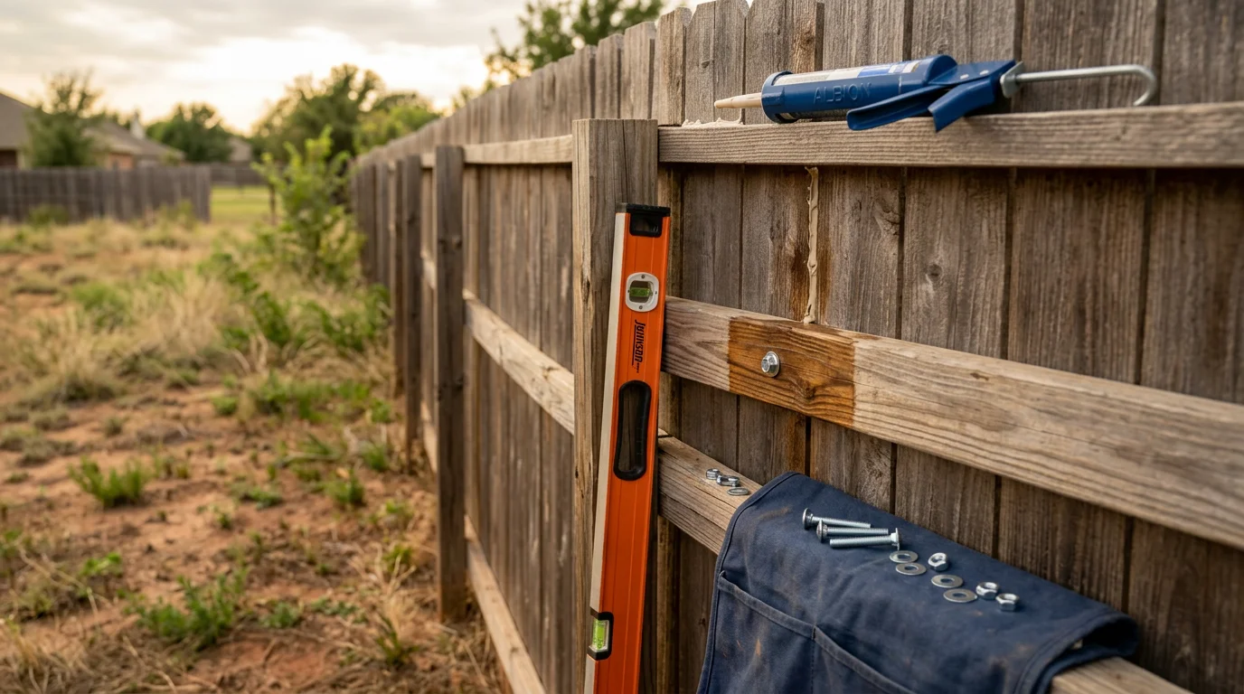 Fence maintenance performed on an Oklahoma City Metro property, with cleaned, treated, and reinforced panels and posts.