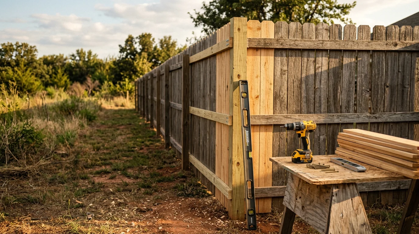 Fence repair completed on an Oklahoma City Metro property, with replaced boards and reset posts restoring the fence line.