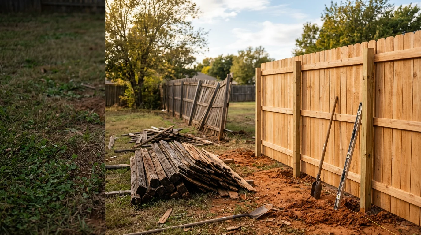 Fence replacement completed on an Oklahoma City Metro property, with new panels and posts replacing the old deteriorated fence.