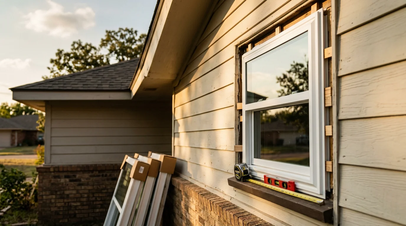 A full home window replacement completed on an Oklahoma City Metro house, showing uniform new windows across all elevations.