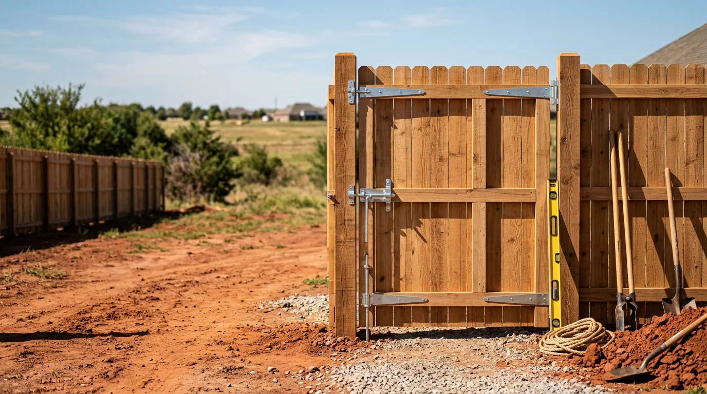 New gate installation on an Oklahoma City Metro property, showing a finished gate with hardware and latch aligned to the fence line.