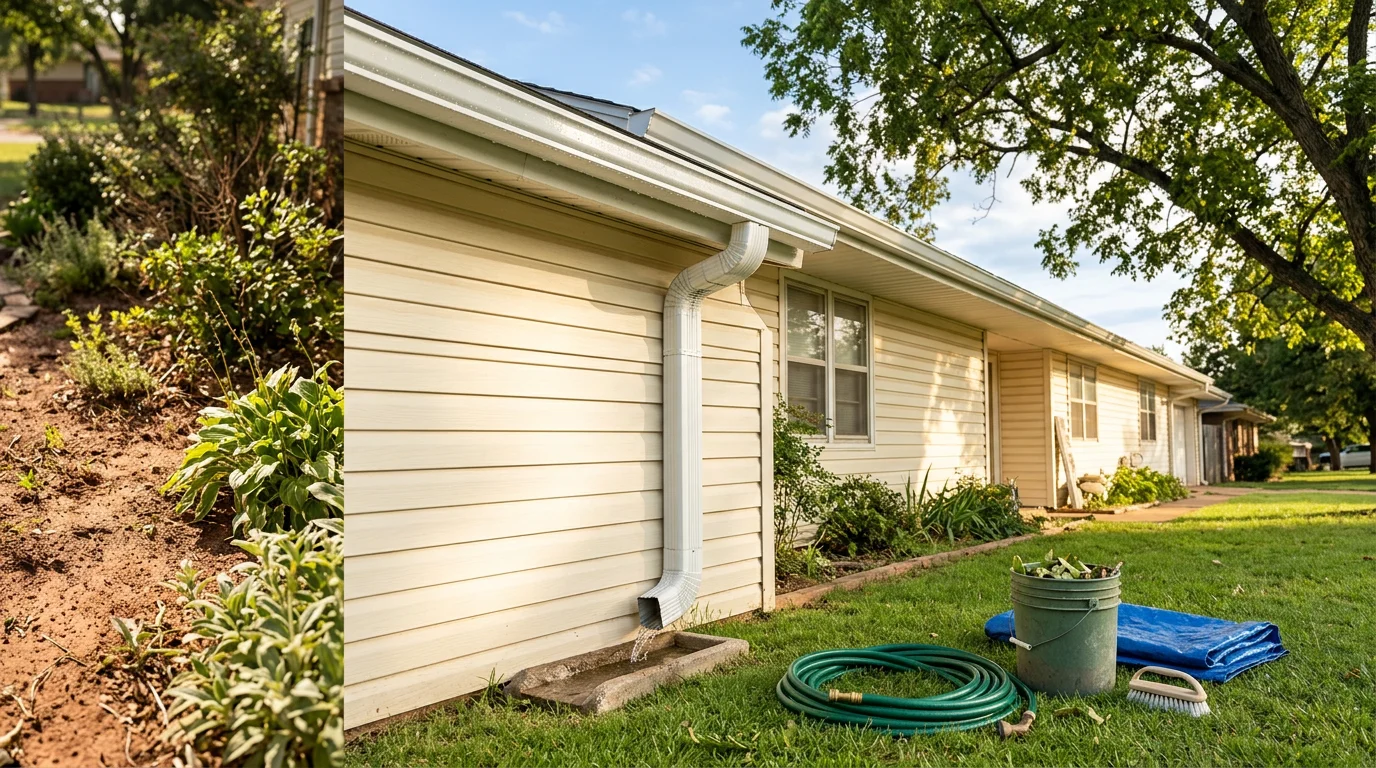 Gutter cleaning in progress on an Oklahoma City Metro home, with debris removed and water flowing freely through the system.