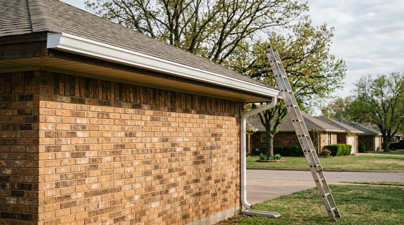 New gutters installed on an Oklahoma City Metro home, showing clean aluminum sections and downspouts directing water away from the foundation.