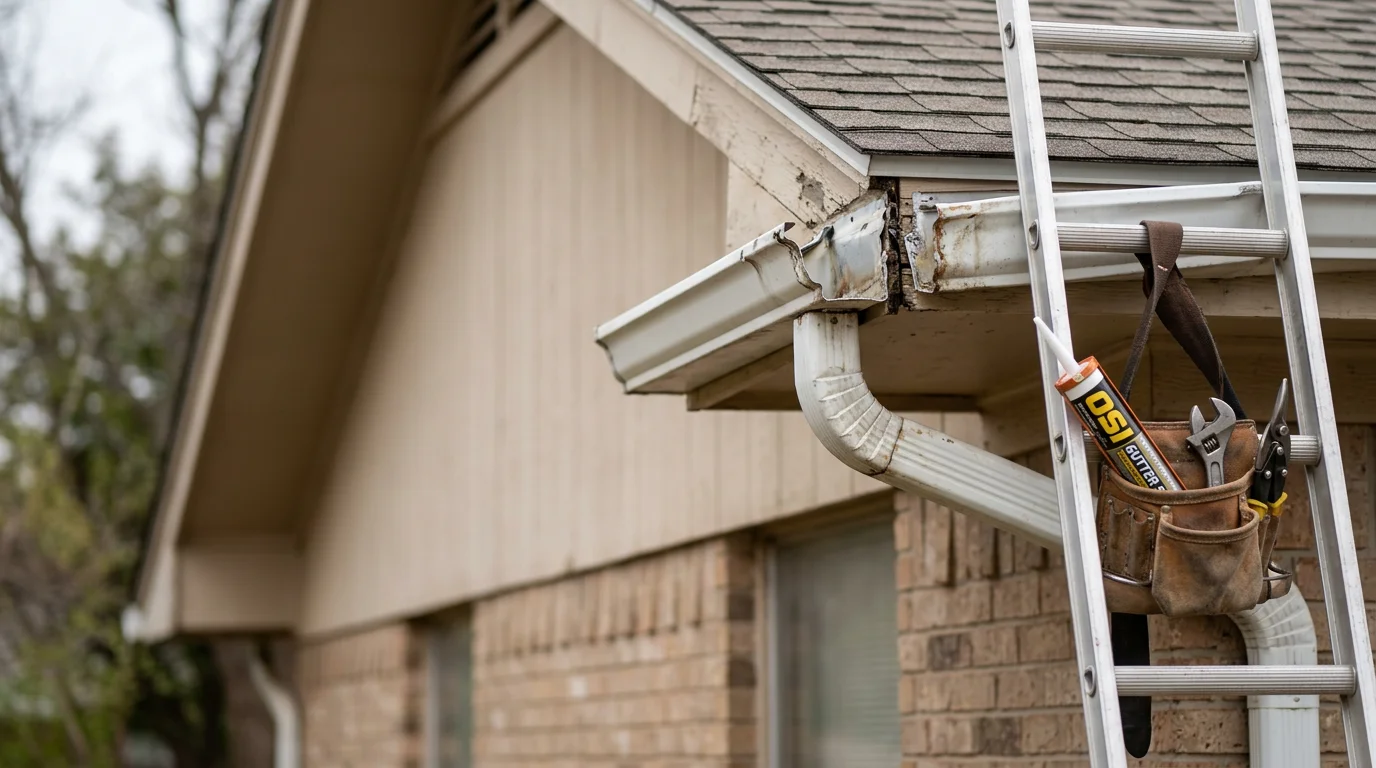 Gutter repair completed on an Oklahoma City Metro home, with resealed seams and realigned sections along the roofline.