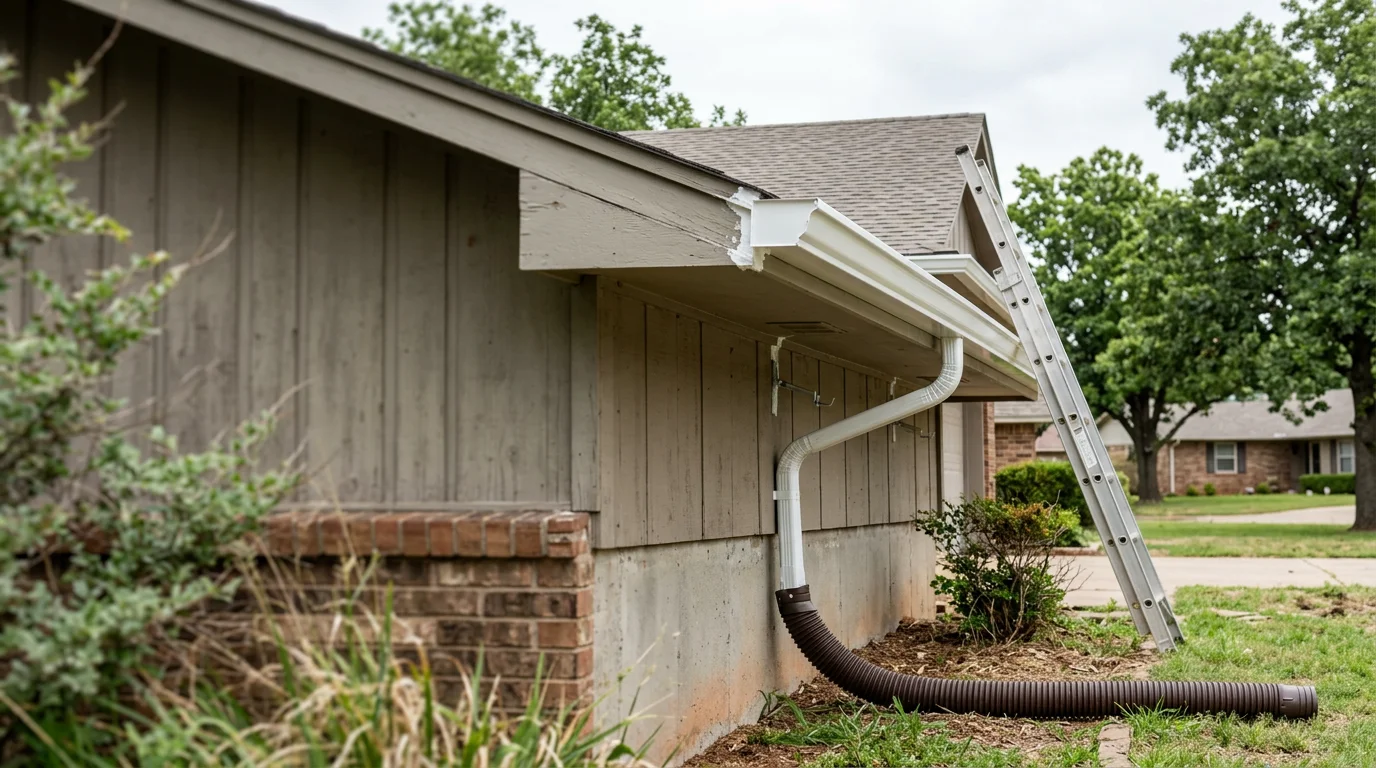 Gutter replacement completed on an Oklahoma City Metro home, with new seamless gutters installed along the full roofline.
