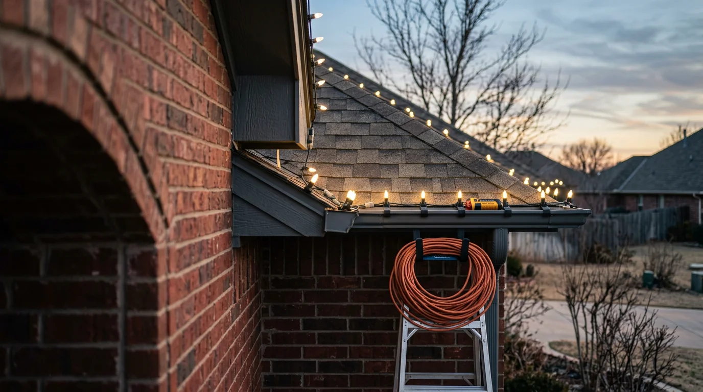 Professional holiday lighting installation on a residential roofline in Yukon, Oklahoma, with lights running along the eaves and wrapped around trees in the front yard. The display is fully lit against a clear winter evening sky.