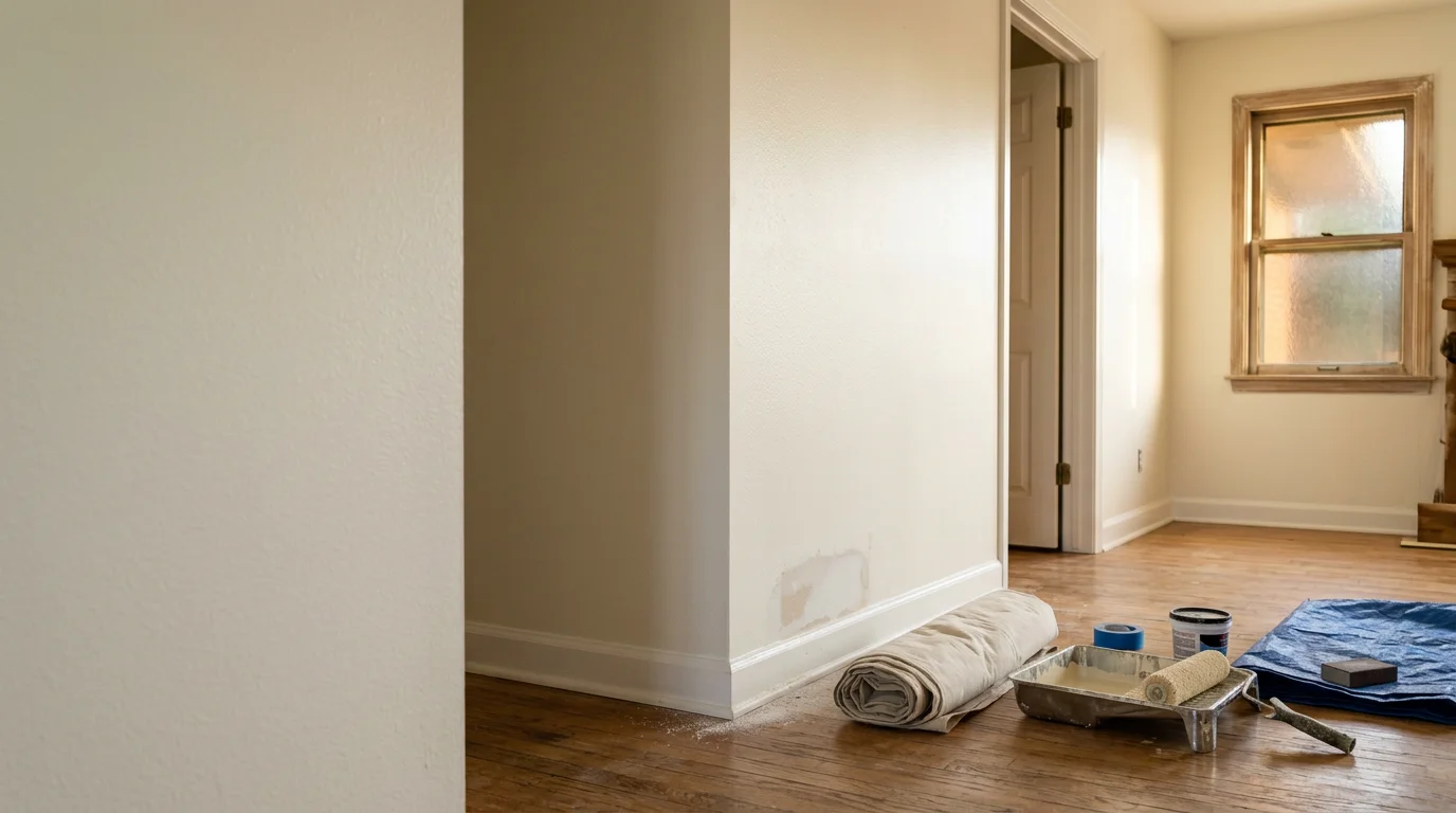 Freshly painted interior living room walls and white trim inside a suburban home in Yukon, Oklahoma. Clean, even paint coverage on walls and ceiling with no visible brush marks or drips.