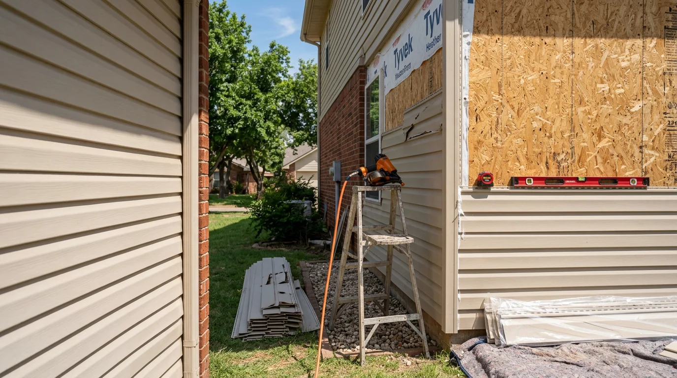 Partial siding repair on an Oklahoma City Metro home, with new panels replacing storm-damaged sections of the exterior.