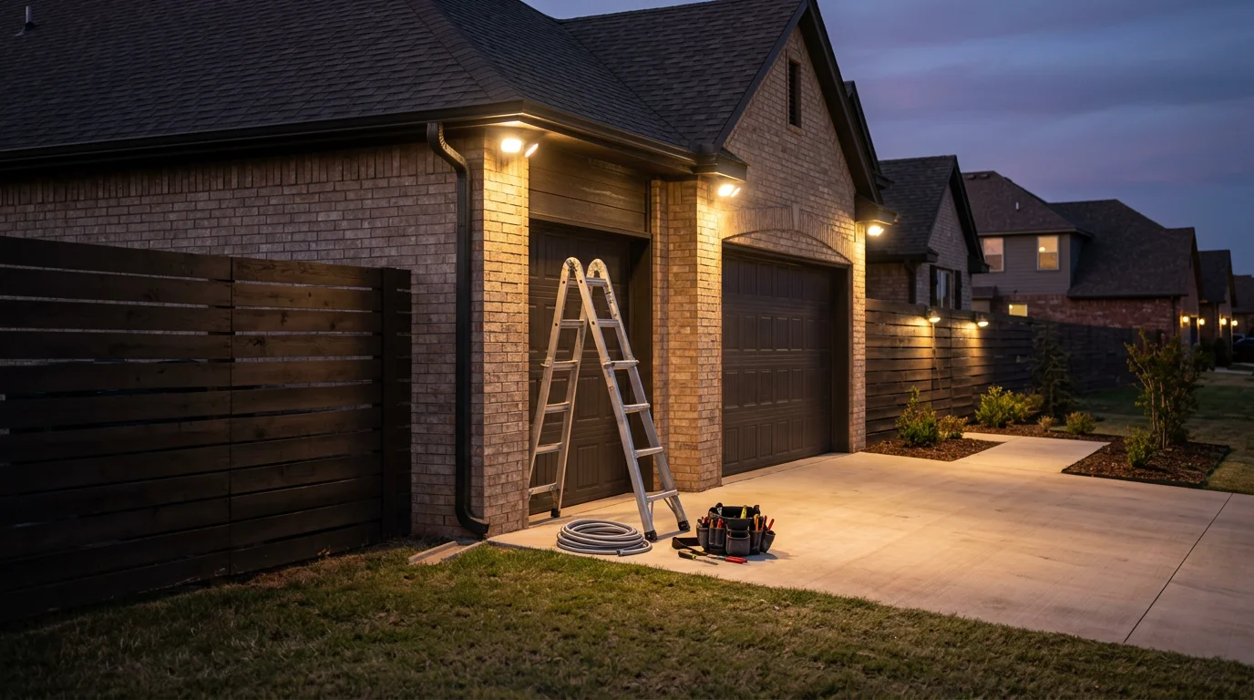 Security lighting fixtures mounted above a residential garage and front entry on a Yukon, Oklahoma home, illuminating the driveway and walkway after dark. The exterior shows motion-activated wall lights covering the side yard and entry points.