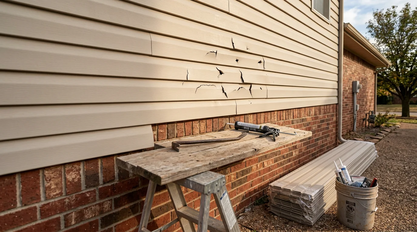 Siding repair completed on an Oklahoma City Metro home, with patched panels blending into the existing exterior.