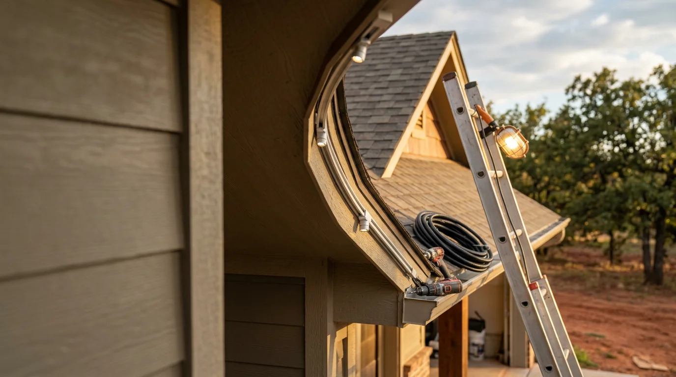 Permanent Strata LED lighting system installed along the eave and roofline of a residential home in Yukon, Oklahoma, glowing warm white against the evening sky. The low-profile aluminum track follows the full architectural edge of the house with no visible wiring or clips.