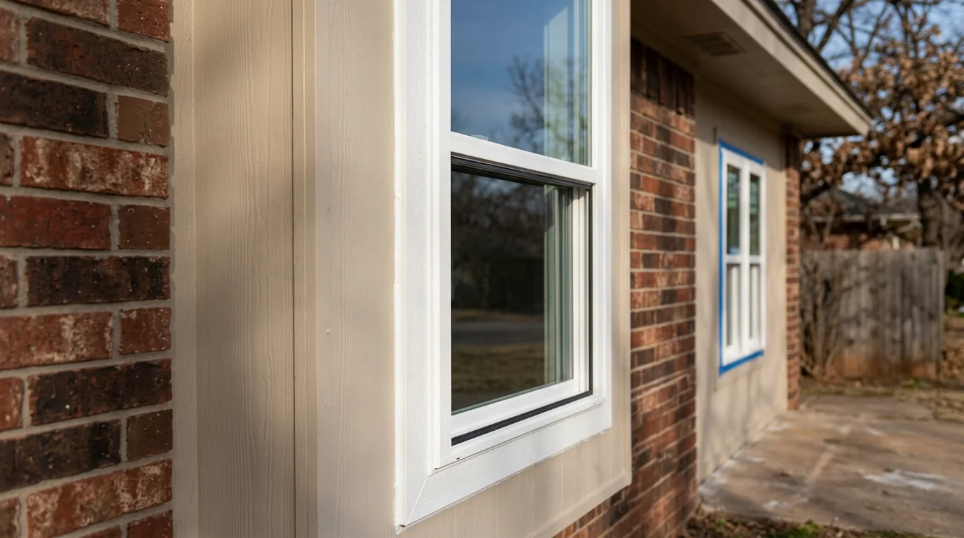 A newly installed window on a residential home in Oklahoma City, with clean framing and a tight seal against the exterior siding.